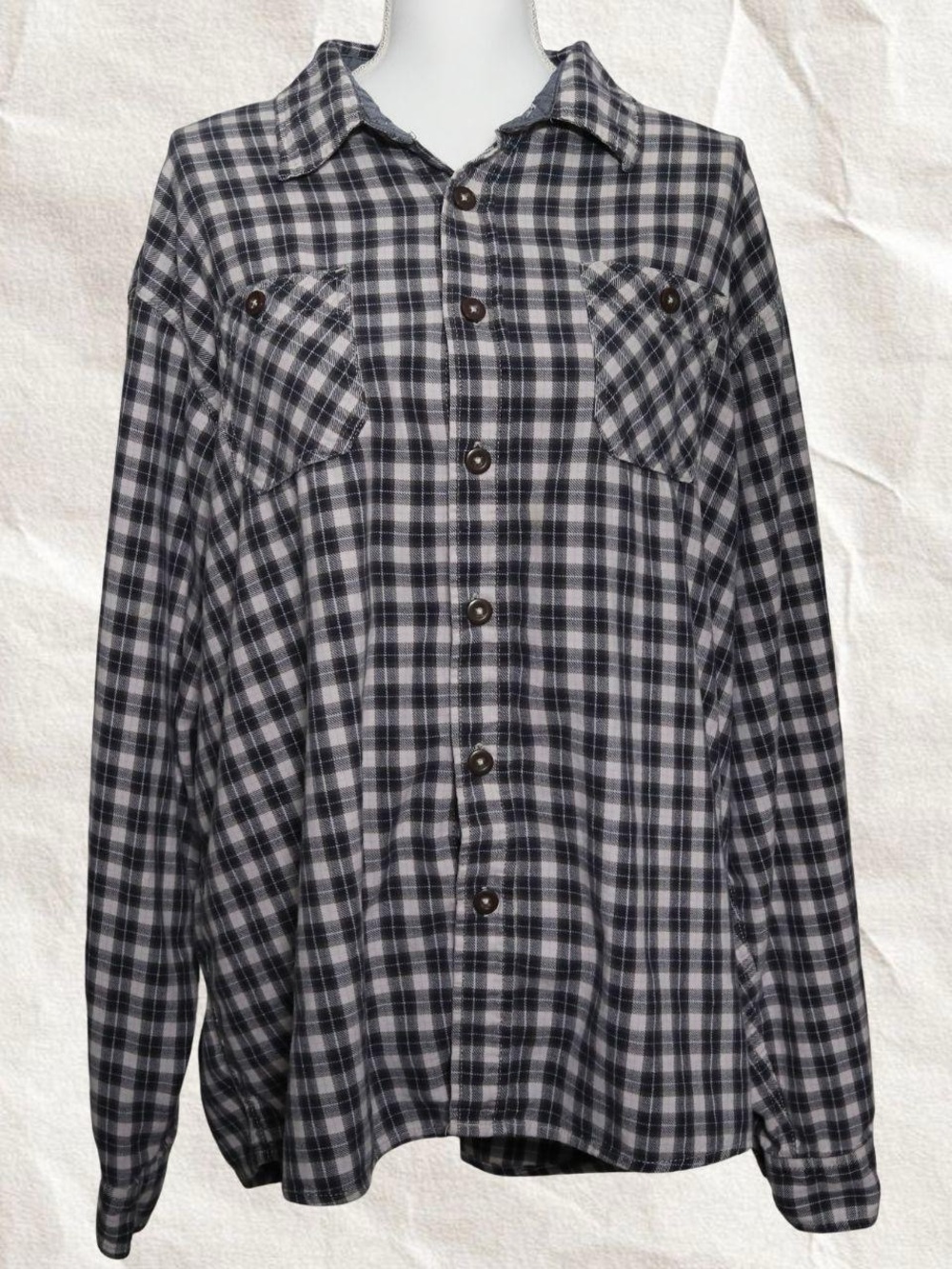 Navy and White Plaid Button-Up Shirt